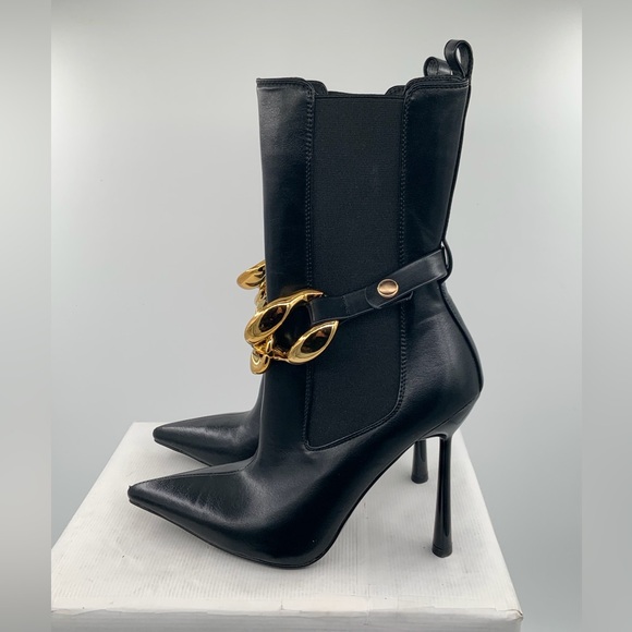 🌹New Listing🌹NWT Azalea Wang Cassia Pointed Toe Gold Chain High Heeled Boots - Picture 7 of 10